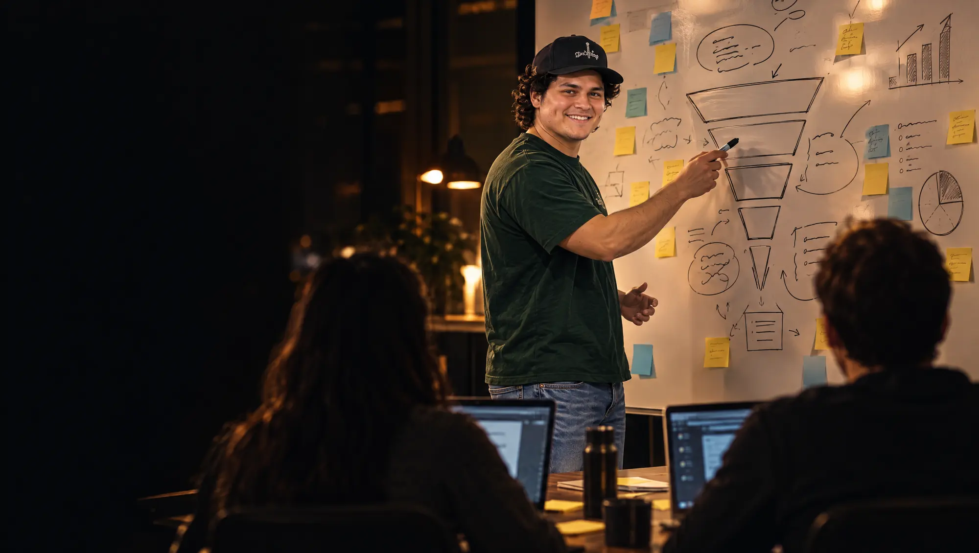 Jake Campos mapping a funnel on a whiteboard with his team